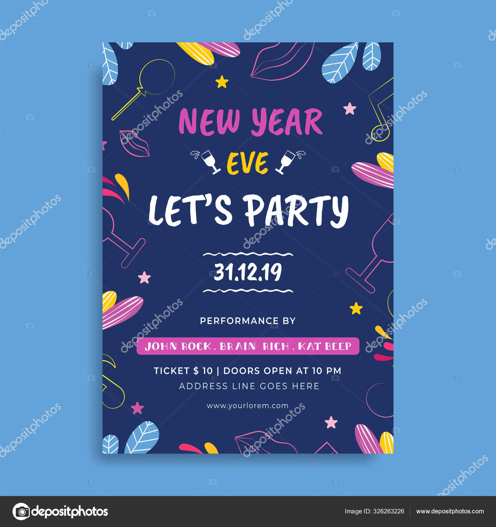 New Year EVE Party Invitation, Flyer Design Decorated with Cockt Stock