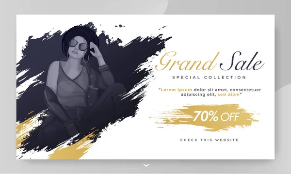 Grande venda banner design com 70% oferta de desconto, mulher moderna c —  Vetores de Stock