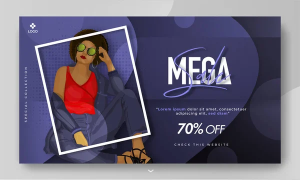 Mega Sale banner design com 70% oferta de desconto e mulher moderna —  Vetores de Stock