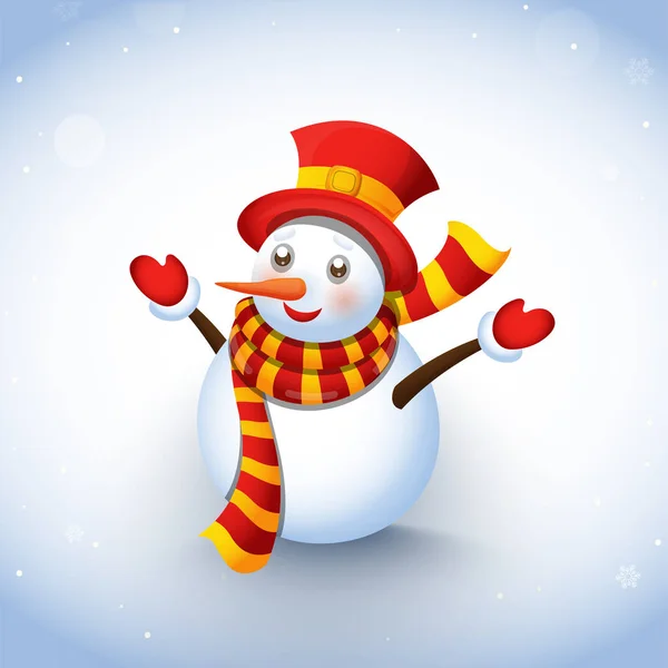 Carino pupazzo di neve che indossa vestiti di lana su sfondo neve invernale . — Vettoriale Stock