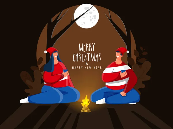 Genç çift Noel Baba şapkası takıyor ve B 'nin önünde içkinin tadını çıkarıyor. — Stok Vektör