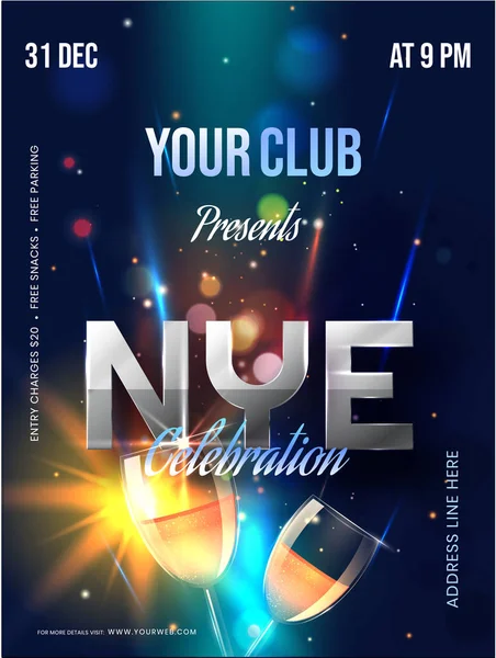 Invito NYE Party, Flyer Design con bicchieri da vino su Blue Lig — Vettoriale Stock