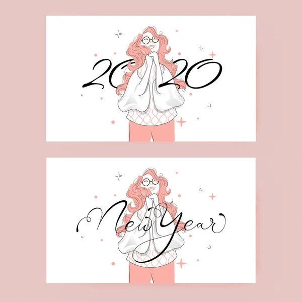 Nuovo anno 2020 Banner Design Set con allegra giovane donna su Whi — Vettoriale Stock