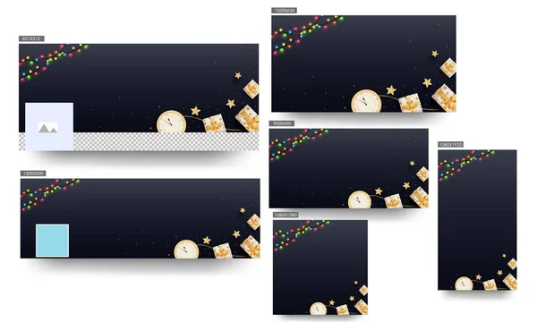 Vue du dessus de l'horloge murale avec boîtes-cadeaux, étoiles dorées et colorfu — Image vectorielle
