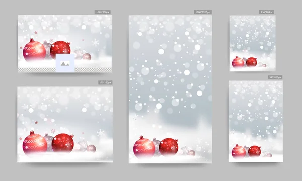 Realistische Weihnachtskugeln und Schneeflocken auf schneebedecktem Bokeh-Effekt b — Stockvektor