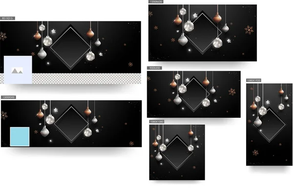 Brillantes bolas de plata y cobre, estrellas, bolas de disco, copos de nieve — Archivo Imágenes Vectoriales