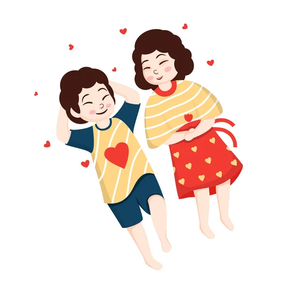 Niño y niña acostados con corazones sobre fondo blanco . — Vector de stock