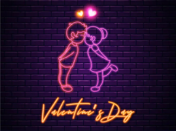 Neon Light Effect Valentine Day Text with Romantic kids Couple o — Stock Vector