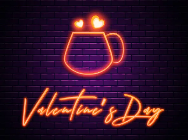 Neonlicht-Effekt Valentinstag Text mit liebevoller Tasse auf lila — Stockvektor