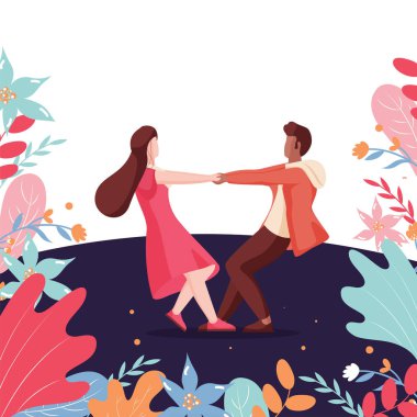 Dans Eden Genç Çift Karakteri Mor ve Beyaz Sırt Üzerine Poz