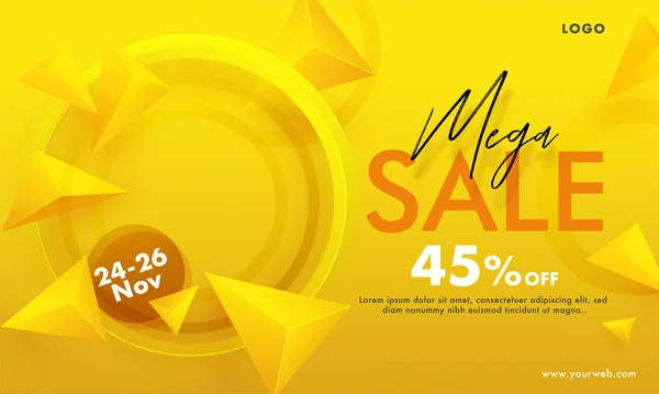 Mega Sale Banner Σχεδιασμός με 45% Έκπτωση Προσφορά και 3d Γεωμετρική — Διανυσματικό Αρχείο