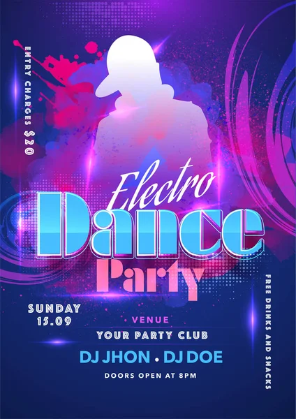 Electro Dance Party Invitation, Flyer Design met Silhouette Man — Stockvector