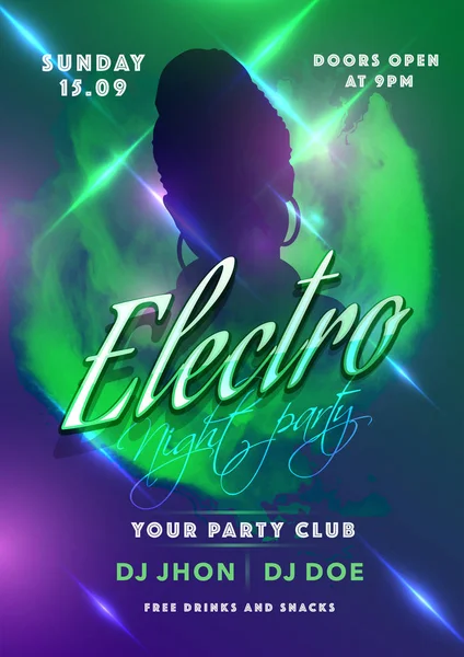 Electro Night Party Flyer σχεδιασμός με σιλουέτα γυναίκα και φως — Διανυσματικό Αρχείο