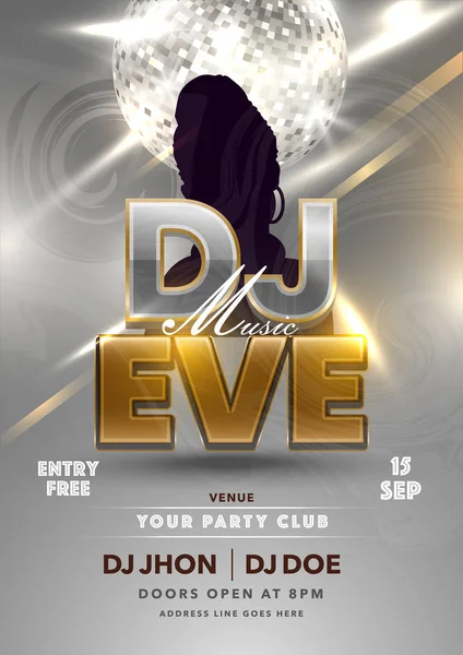 Dj Music Eve Party Flyer Σχεδιασμός με σιλουέτα θηλυκό και γυαλιστερό — Διανυσματικό Αρχείο