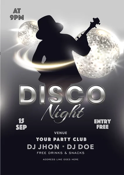 Disco Night Party Πρόσκληση ή Flyer Σχεδιασμός με Silhouette Guy — Διανυσματικό Αρχείο