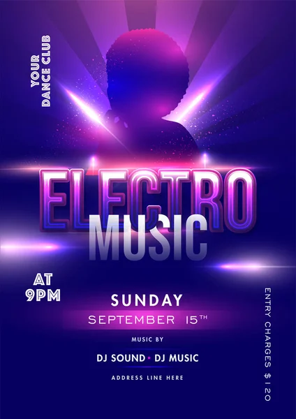 Electro Music Template or Flyer design with Silhouette Woman and — Stock Vector