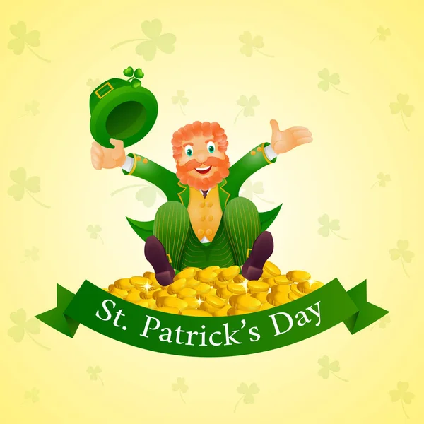 Cheerful Leprechaun Sitting on Gold Coins with Shamrock Leaves D — Stock Vector