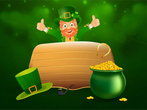 Cheerful Leprechaun Character with Coins Pot, Horseshoe, Hat, Sm — Stock Vector