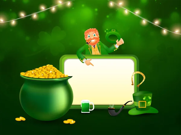 Wesoły Leprechaun Man pokazuje puste ramki z monet Pot, Piwo — Wektor stockowy