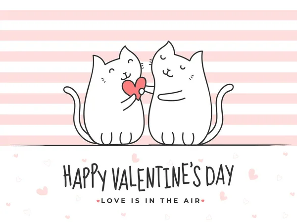 Line Art Loving Cat Couple holding Heart on White and Pink Strip — Stock Vector