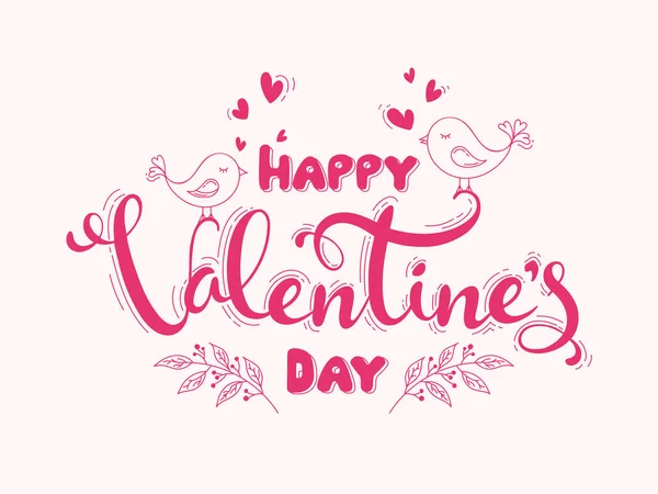 Pink Happy Valentine 's Day Font con Aves Amorosas y Hojas — Vector de stock