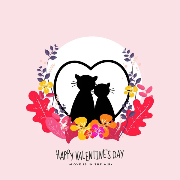 Silhouette of Loving Cartoon Cat Couple on Nature View Pink Back — Stock Vector