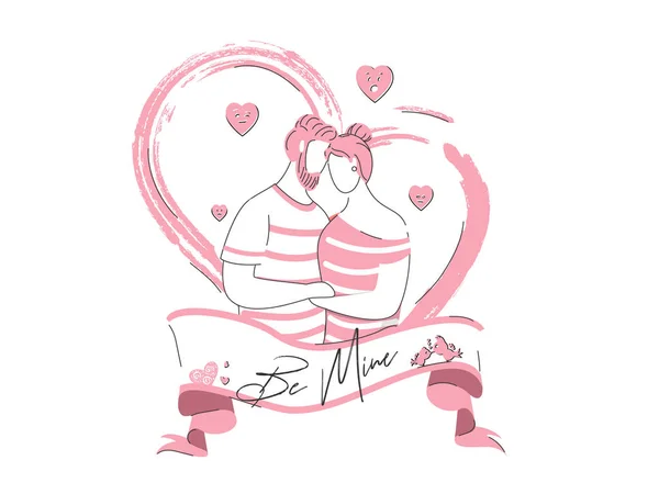 Be Mine Text in Ribbon with Loving Couple Carácter y corazones E — Vector de stock