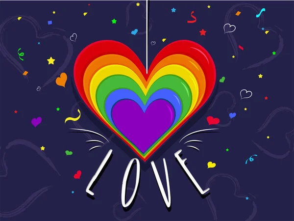Capa de papel cortado arco iris forma de corazón cuelga con el texto del amor y Conf — Vector de stock