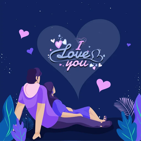 Stylish Font of I Love You with Hearts and Young Couple Sitting — Stock Vector
