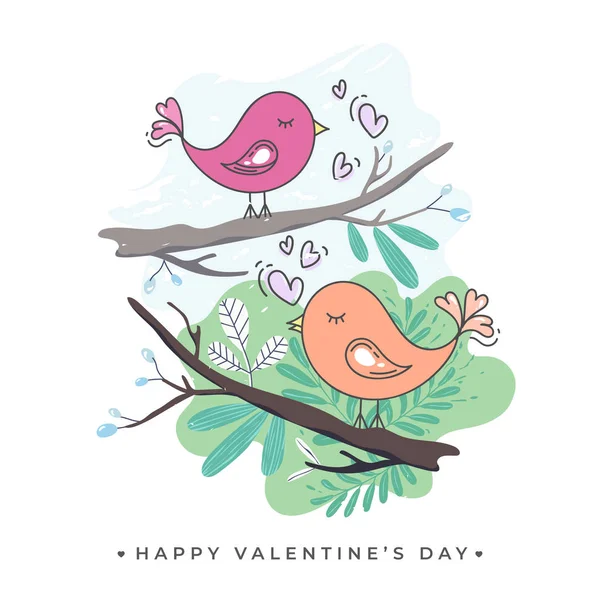 Happy Valentine's Day Celebration Concept with Loving Birds Sitt — Stock Vector