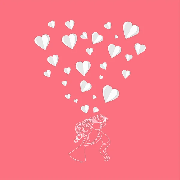 Çizgi Sanatı Romantik Çocuk Çifti Beyaz Kağıt Kesiği Kalpli Kırmızı Kalpler — Stok Vektör