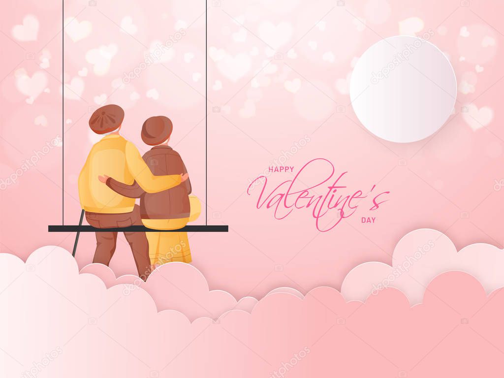 Back View of Loving Old Couple Sitting on Swing and Pink Paper C