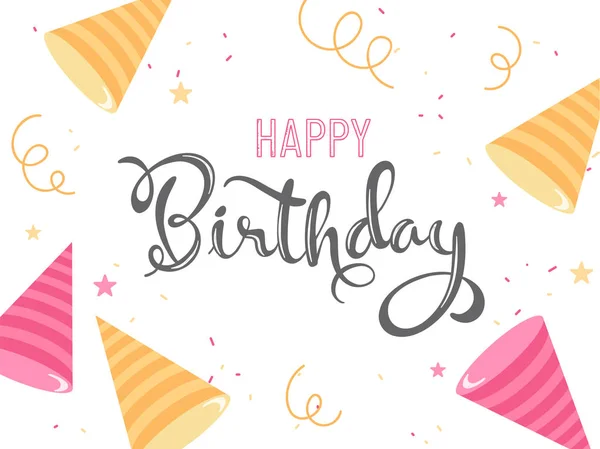 Kalligraphie Happy Birthday Text, gelb und rosa Party-Hüte mit — Stockvektor