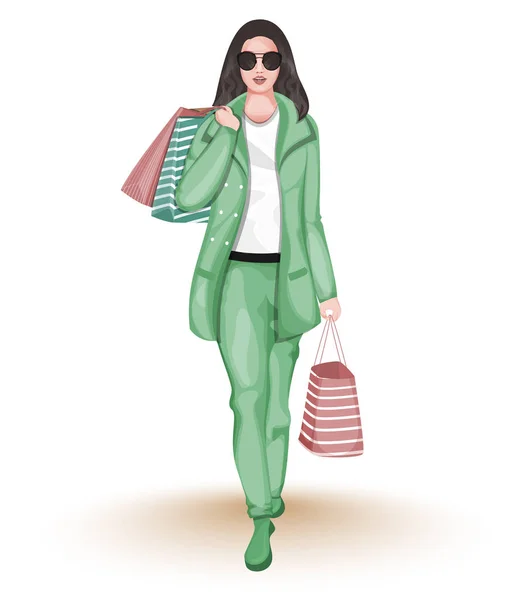 Fashionable Young Woman holding Shopping Bags in Walking Pose. — Stock Vector