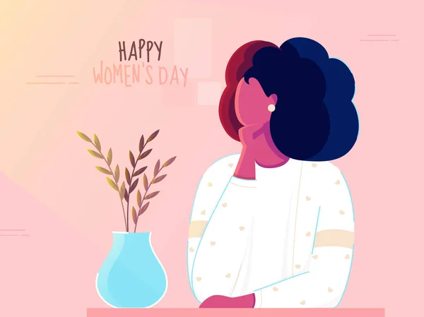顔のない若い女性と植物の花瓶ピンクの背景のためのHapp — ストックベクタ