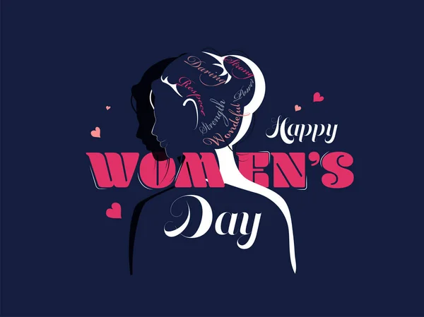Happy Women's Day Text with Paper Cut Woman Face on Blue Backgro — Stock Vector