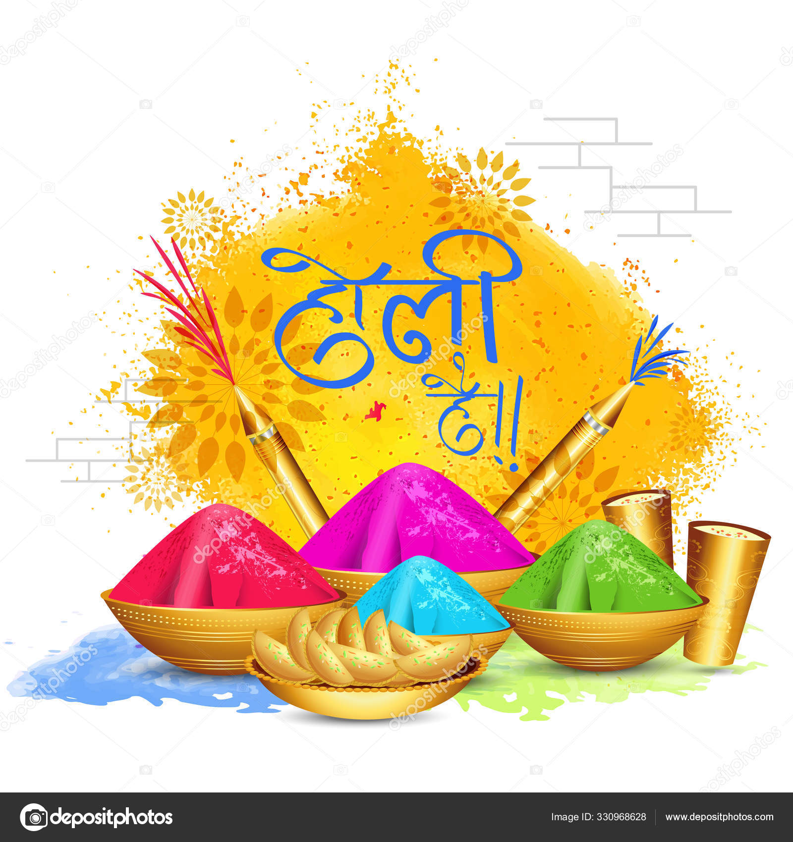 Hindi Text Holi Hai Its Holi With Dry Color In Bowls Color G Stock