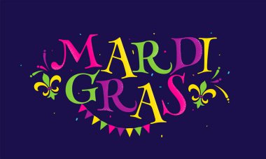 Renkli Mradi Gras Metni Fleur-De-Lis Sembolü, Konfeti ve 