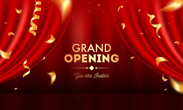 Realistic Grand Opening Invitation with Red Curtains and Golden — Stock Vector