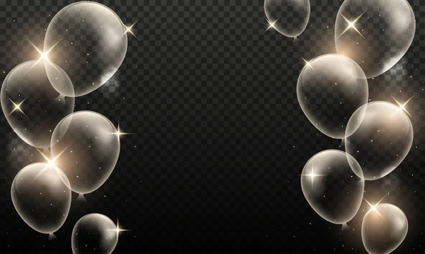 Glanzende transparante ballonnen versierd op zwarte png achtergrond. — Stockvector