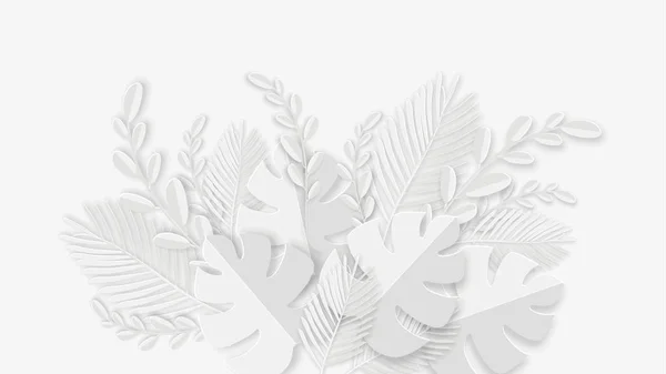 Papper skära tropiska blad dekorerade på vit bakgrund. — Stock vektor