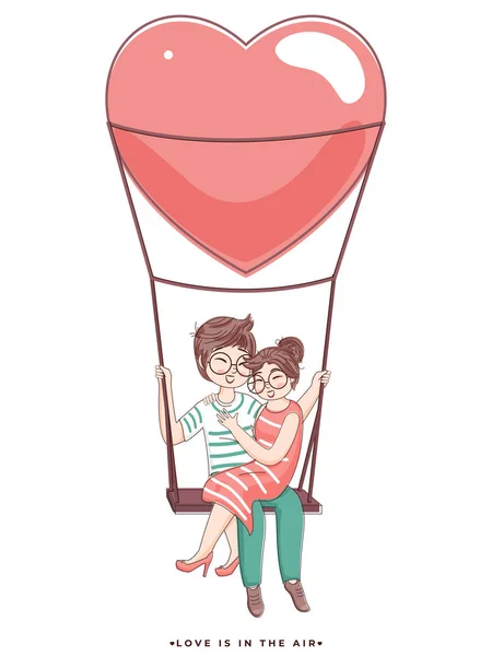 Cartoon Loving Couple Sitting on Heart Swing of Love is in the a — 스톡 벡터