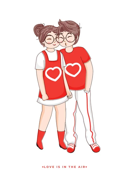 Cartoon Character of Boy Kissing To His Girlfriend on White Back — 스톡 벡터