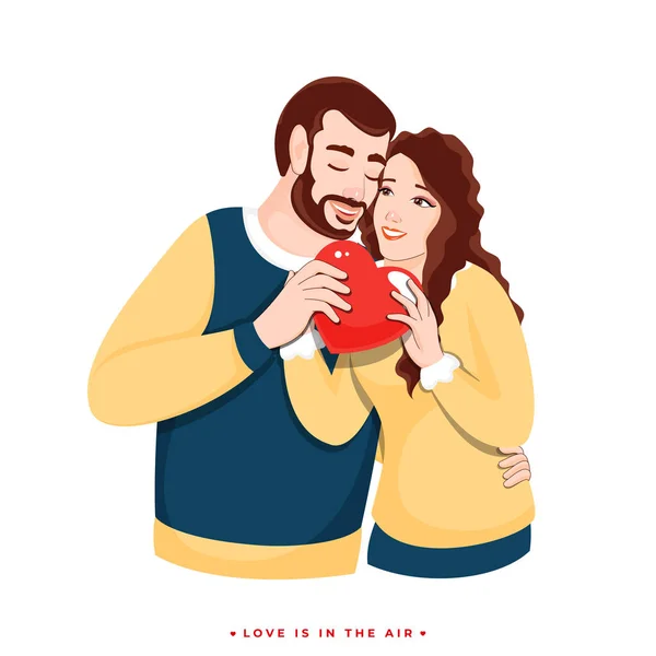 Amante personagem casal segurando coração vermelho no fundo branco para —  Vetores de Stock