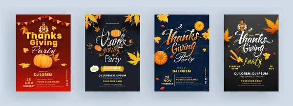 Thanksgiving Party Flyer Ontwerp met Turkije Vogel, Pompoen, Esdoorn — Stockvector