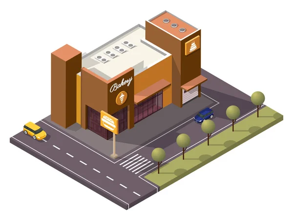 Tienda de panadería isométrica como helado, pastel, hamburguesa a lo largo de Tran — Vector de stock