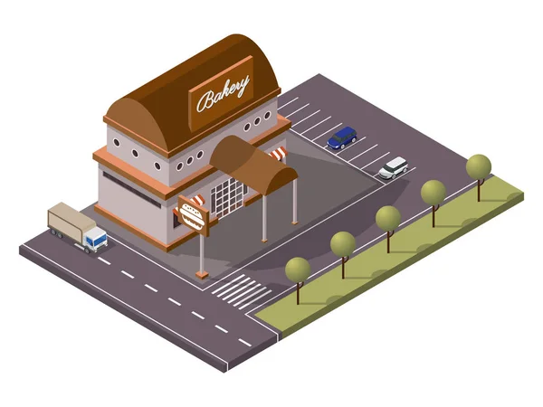 Isométrico Panadería Burger Shop y estacionamiento de coches a lo largo de Str Transporte — Vector de stock