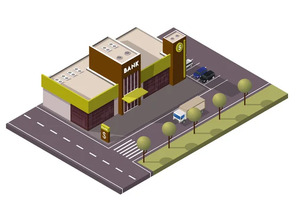 Isometrische Bank gebouw met parkeergelegenheid in de voorkant van Street Yard — Stockvector