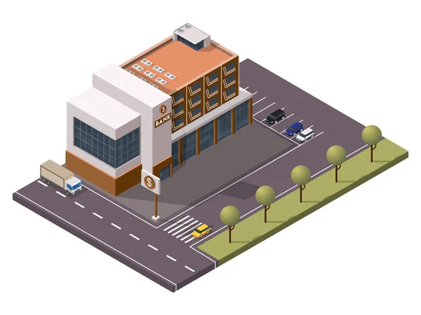 Izometrická bankovní budova s tabulí a parkovištěm vpředu — Stockový vektor