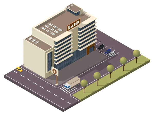 Edificio de banco isométrico con letrero y estacionamiento a lo largo de Tra — Vector de stock